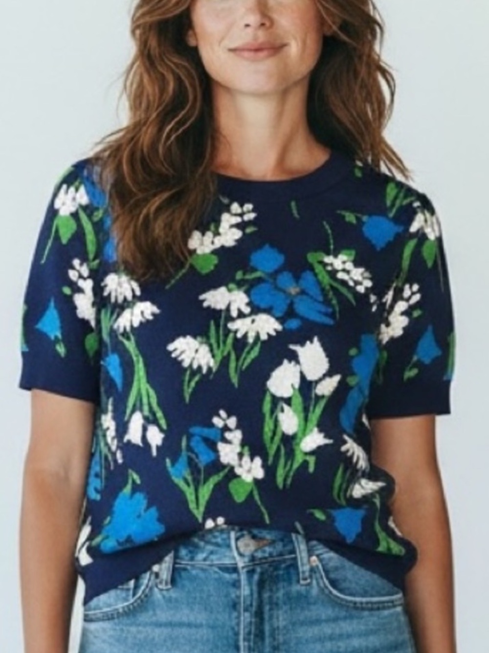 kate spade x Target Navy Floral Short-Sleeve Knit Top Blue White Blooms, M NWT